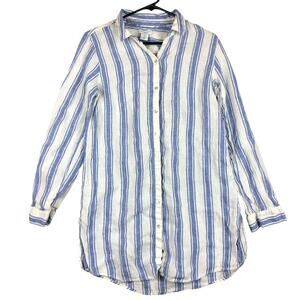 Antibes Blanc Womens Shirt Blue White Stripe Collared Button Down Linen Small